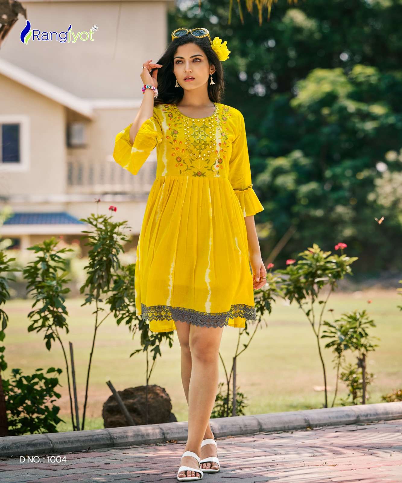 RICHGIRL MULL COTTON SEQUENCE, EMBROIDERY AND HANDWORK FANCY TUNICS WITH SHADES OF SHIBORI PRINT BY RANGJYOT BRAND 1004